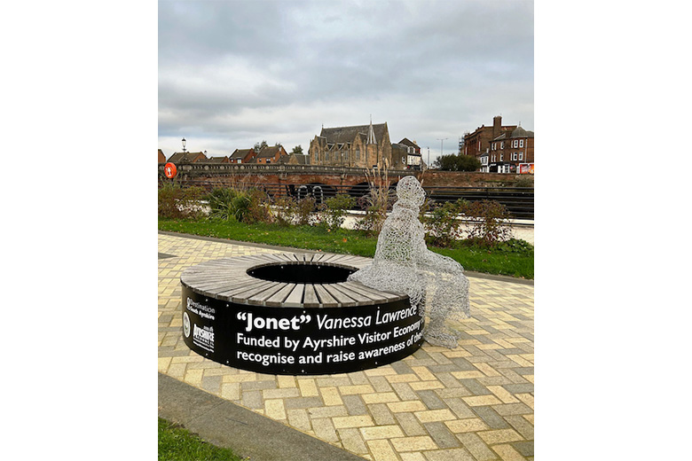 'Jonet' 2024 - Wire - I am honoured to have been commissioned to create a sculpture of a fisherwoman as a memorial to remember those accused of witchcraft in South Ayrshire. Jonet sits at the bottom of Ayr High Street outside the Cutty Sark. She sits where so many would sit looking out over the river Ayr across to the Auld Brig.